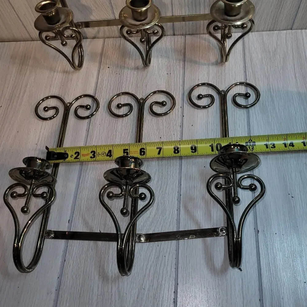 Vtg Brass Wall Mount Triple Sconce Pair Home Interior Candle Holders Gothic MCM